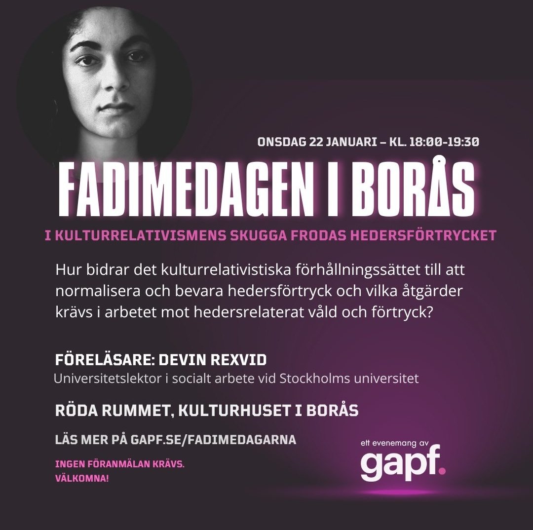 SandraSilguero's tweet photo. GAPF och Fadimedagarna 2025:
I kulturrelativismens skugga frodas hedersförtrycket.
Välkommen att hedra modiga Fadime tillsammans med en rad företag, organisationer, skolor och stiftelser i flera olika städer i Sverige.
#hedersförtyck #fadimedagarna #gapf https://t.co/zS2qMalfLL https://t.co/OfsvFieLAI