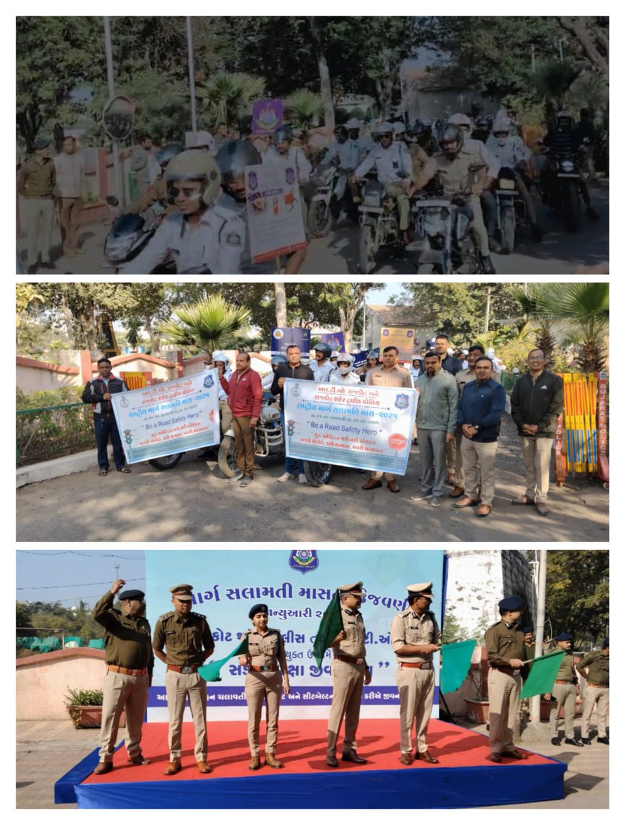 RtoRajkot's tweet photo. આજ રોજ રાષ્ટ્રીય માર્ગ સલામતી મહિનો - 2025ની શરૂઆત બાઇક રેલી સાથે કરવામાં આવેલ. જેમાં પોલીસ જવાનો, આર ટી ઓના કર્મચારી, તેમજ વાહન વીક્રેતા ડીલરો રેલીમાં હેલ્મેટ પહેરીને ભાગ લીધેલ હતો. https://t.co/d9a0k2ctbK