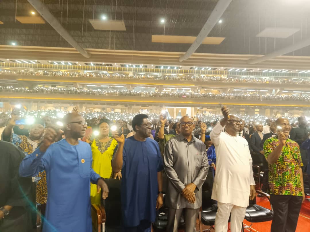 PeterObi's tweet photo. I attended the crossover service at the Dunamis International Gospel Center, Glory Dome, Abuja, hosted by Dr. and Dr. (Mrs.) Paul Enenche. 

The service was graced by former Presidents of Sierra Leone, Ernest Bai Koroma and other distinguished dignitaries, and a congregation of devoted worshippers.

It was a time of heartfelt prayer and inspiring worship as we crossed over into the year 2025 with faith and hope. 

As we step into this new year, I join millions of Nigerians in praying for a New Nigeria—a nation where insecurity, hunger, poverty, and the absence of empathy are replaced with peace, prosperity, compassion and good governance.

Together, we shall continue working tirelessly to transform Nigeria by prioritizing education, improving healthcare, and pulling people out of poverty. 

May 2025 mark the beginning of a new Nigeria that is possible!!!  -PO