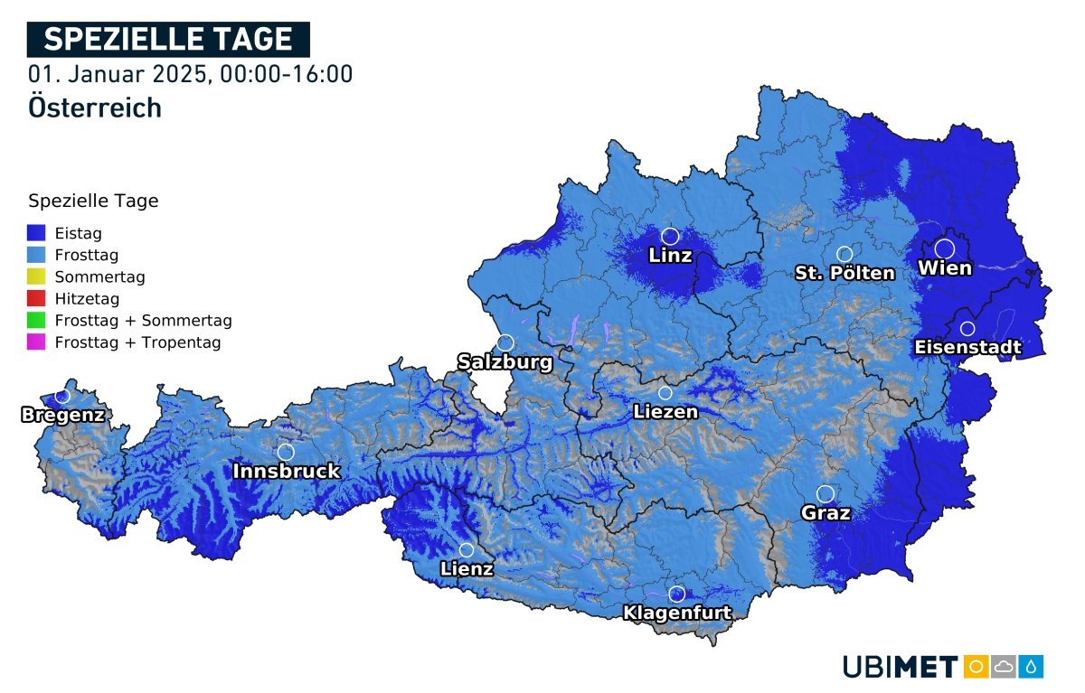 uwz_at's tweet image. ...und damit ist #Neujahr auch schon wieder (fast) vorbei. Im Osten und Südosten, in den Niederungen Oberösterreichs sowie auch in manchen Tallagen der Nordalpen war es wieder ein Eistag.