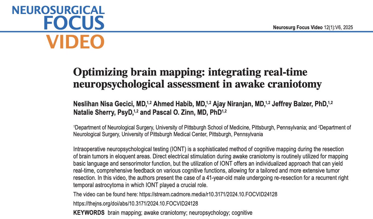 Neslihan Gecici, MD (@gecicinn) on Twitter photo Starting the New Year with our latest publication in #NeurosurgicalFocus Video! We highlight intraop neuropsych assessments & multidisciplinary teamwork in awake craniotomies. @AHabibMD <a href="/balzjr/">Jeffrey Balzer</a> <a href="/DrNatalieSherry/">Natalie Sherry, PsyD, ABPP-CN, MBA</a> <a href="/pascalzinn/">Pascal Zinn, M.D., Ph.D., FAANS</a>
Watch here: stream.cadmore.media/r10.3171/2024.… Starting the New Year with our latest publication in #NeurosurgicalFocus Video! We highlight intraop neuropsych assessments & multidisciplinary teamwork in awake craniotomies. @AHabibMD <a href="/balzjr/">Jeffrey Balzer</a> <a href="/DrNatalieSherry/">Natalie Sherry, PsyD, ABPP-CN, MBA</a> <a href="/pascalzinn/">Pascal Zinn, M.D., Ph.D., FAANS</a>
Watch here: stream.cadmore.media/r10.3171/2024.…