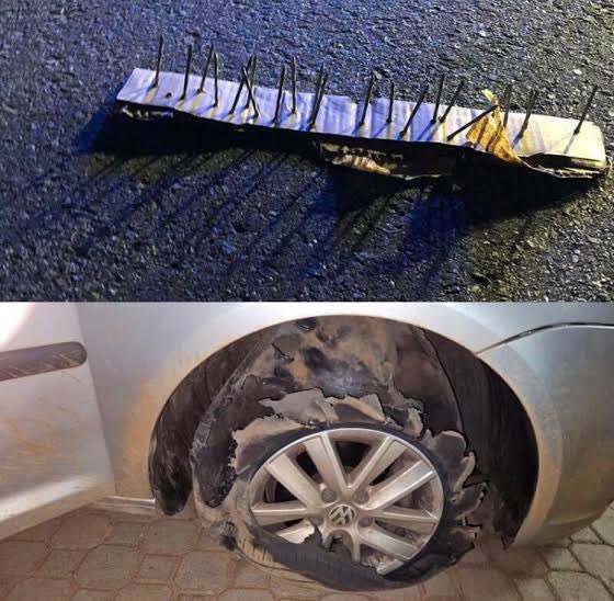 Abramjee's tweet photo. Spikes/Rocks on the road:

Tune into @eNCA DSTV 403 at 6.30am when we discuss the worrying rise in these incidents. https://t.co/WcKkEbIcxb