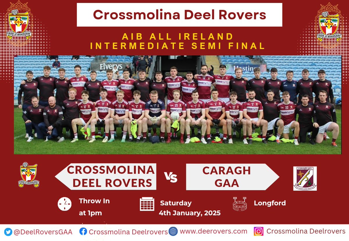DeelRoversGAA's tweet photo. AIB All Ireland Intermediate Championship Semi Final @DeelRoversGAA vs @Caragh_GFC

📍Glennon Brothers Pearse Park , Longford
⏰ 1 pm
📆 Saturday 4th Jan

🎫 Match tickets available ⬇️
https://t.co/U43UH3f5L3 https://t.co/pddWxaQK5Q