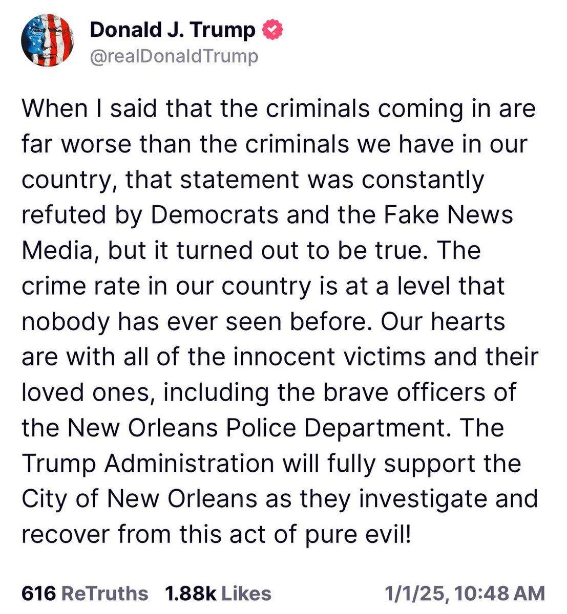 charliekirk11's tweet photo. President Trump responds to mass casualty event in New Orleans, which the FBI is investigating as a possible terrorist attack, by stating: 

"...the criminals coming in are far worse than the criminals we have in our country." https://t.co/5SLLEeeVg1