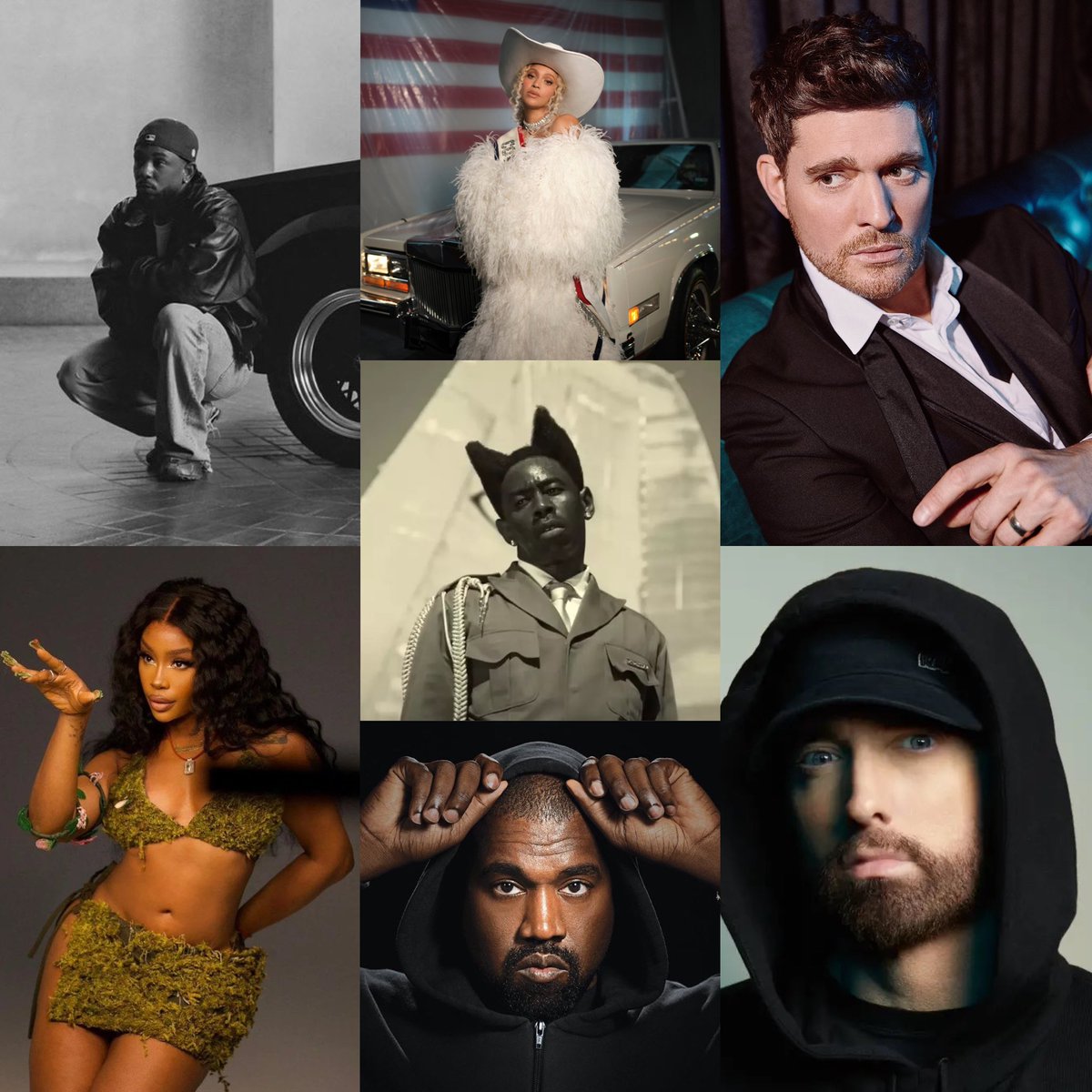 The only artists to peak at #1 on Spotify’s Global artist chart in 2024:

Taylor Swift — 347 days
Kendrick Lamar — 7 days
SZA — 3 days
Tyler, The Creator — 3 days
Beyoncé — 2 days
Michael Bublé — 2 days
Kanye West — 1 day
Eminem — 1 day