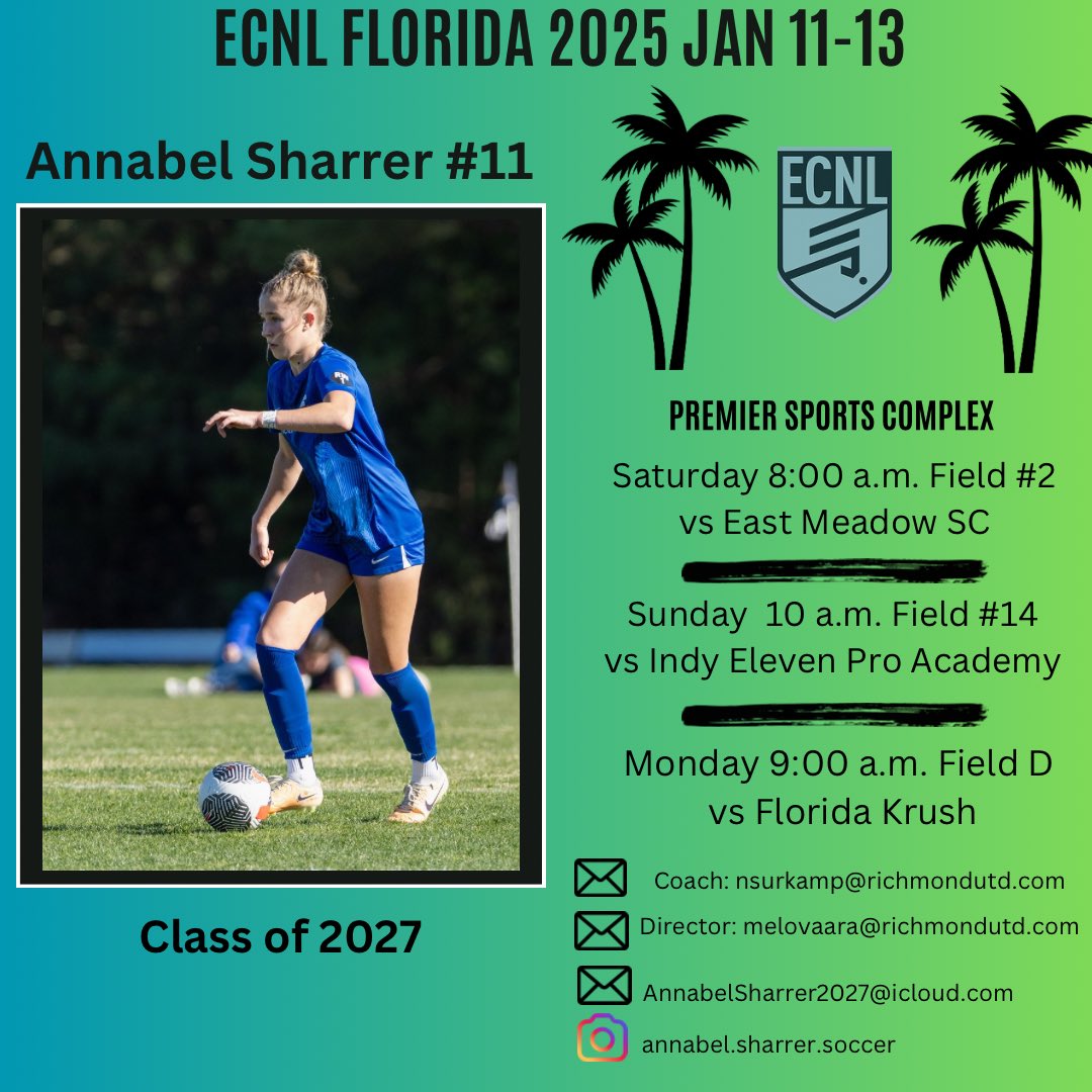 Updated ECNL Florida schedule! Excited to start 2025 with my teammates and a great showcase! <a href="/ImYouthSoccer/">ECNL/GA/Recruiting/College Soccer</a> <a href="/ImCollegeSoccer/">College Soccer Truth ™</a> <a href="/PrepSoccer/">Prep Soccer ⚽️</a> <a href="/TopDrawerSoccer/">TopDrawerSoccer</a> <a href="/TheSoccerWire/">SoccerWire</a> <a href="/ECNLgirls/">ECNL Girls</a>