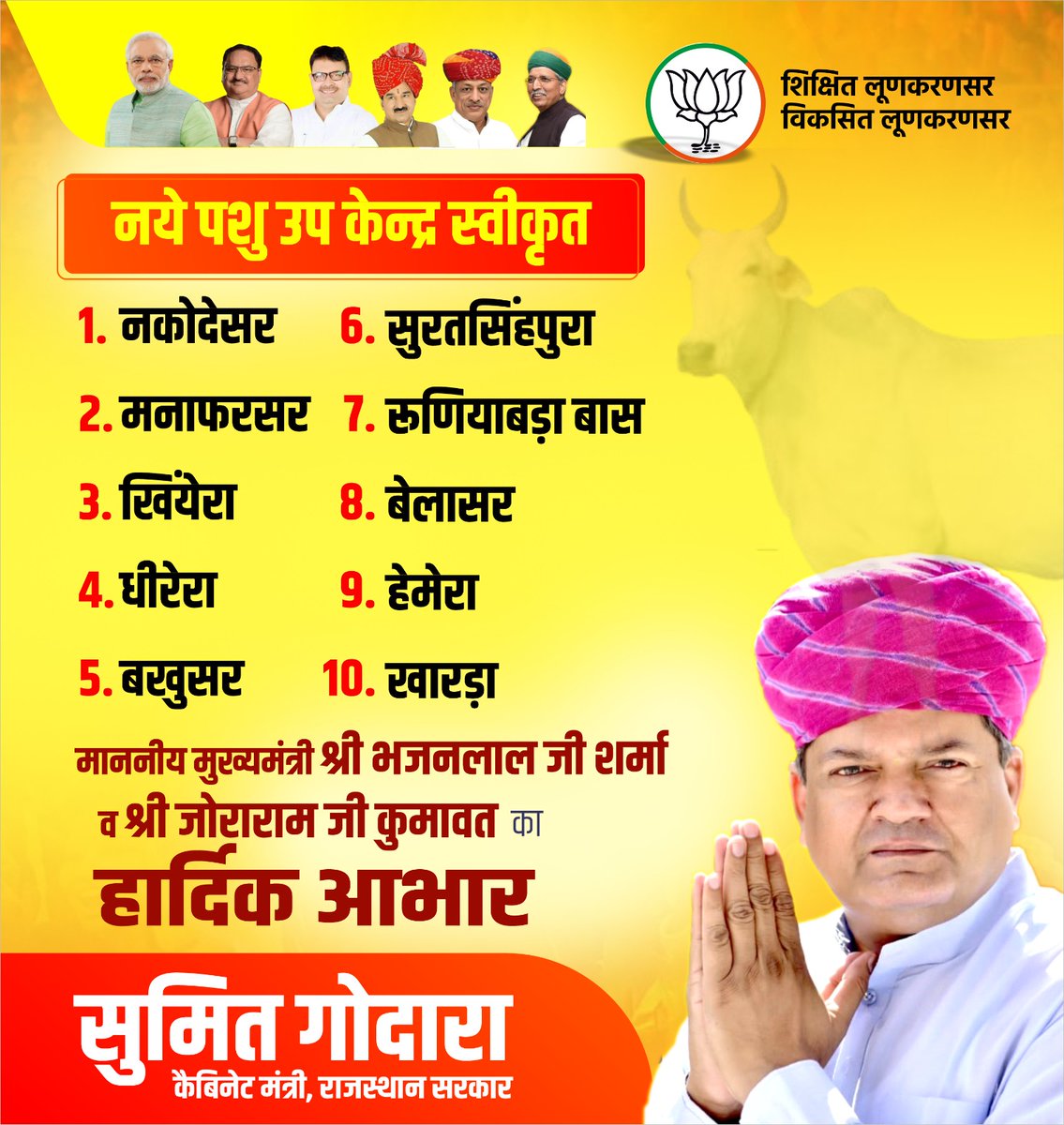 लूणकरणसर विधानसभा क्षेत्र पशुपालन मुख्य कार्य यहां जनमानस का  सदियों से रहा है ,क्षेत्र में 10 पशु उप केंद्र स्वीकृत करने पर माननीय मुख्यमंत्री श्री भजन लाल जी शर्मा और पशुपालन मंत्री श्री जोराराम जी कुमावत को हार्दिक आभार ।
शिक्षित लूणकरणसर।
 विकसित लूणकरणसर ।