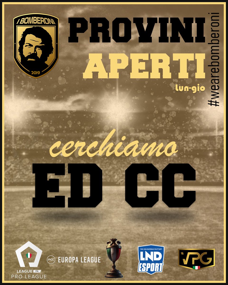 I Bomberoni (@ibomberoni) on Twitter photo ๐Cerchiamo nuovi talenti per completare il nostro team
โฝ๏ธCC: visione di gioco, precisione nei passaggi e capacitร di dettare i tempi
โก๏ธED: velocitร , dribbling e capacitร di creare pericoli sulla fascia
Per info seguici e contattaci!
<a href="/VPGItaly/">Virtual Pro Gaming Italy ๐ฎ๐น</a> @proleagueitalia <a href="/LNDEsport1/">LND Esport</a> ๐Cerchiamo nuovi talenti per completare il nostro team
โฝ๏ธCC: visione di gioco, precisione nei passaggi e capacitร di dettare i tempi
โก๏ธED: velocitร , dribbling e capacitร di creare pericoli sulla fascia
Per info seguici e contattaci!
<a href="/VPGItaly/">Virtual Pro Gaming Italy ๐ฎ๐น</a> @proleagueitalia <a href="/LNDEsport1/">LND Esport</a>