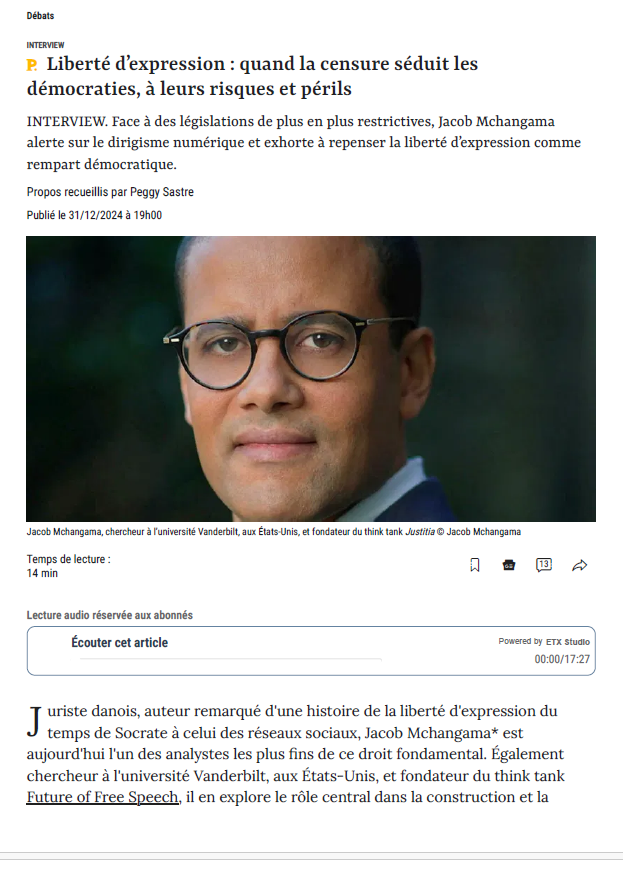 JMchangama's tweet photo. The wonderful @nikitakarachoi interviewed me - at length - about the free speech recession in democracies like France and Germany in @LePoint (In French) https://t.co/Ki9lrhy7gy