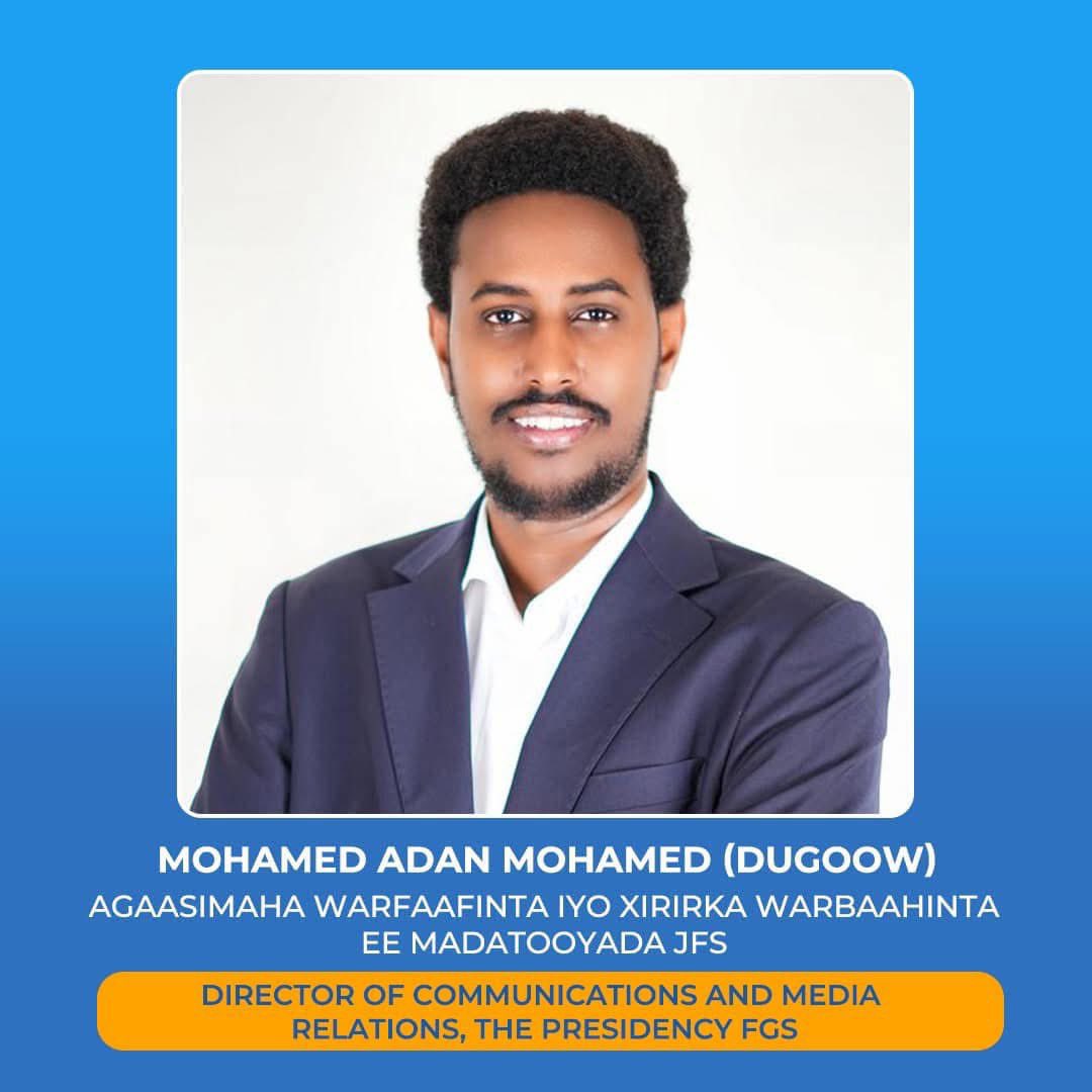Thrilled to hear about the appointment of my friend <a href="/MoDugoow/">Mohamed Dugoow</a> as the Director of Communications &amp; Media Relations at <a href="/TheVillaSomalia/">Villa Somalia</a>. This’s an incredible testament to ur hard work, dedication, &amp; exceptional skills. I have no doubt that you’ll bring ur unique vision 2 this role.
