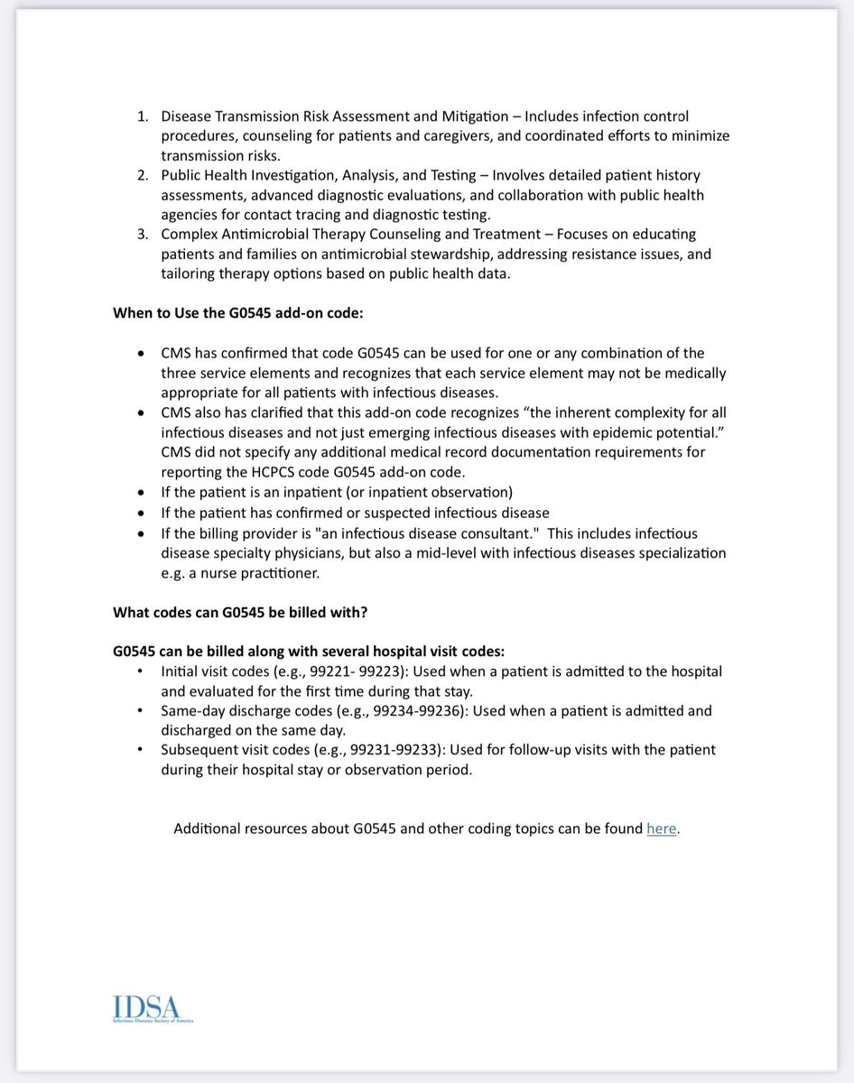 #IDTwitter <a href="/JHMed_ID/">Johns Hopkins Division of Infectious Diseases</a> 

Happy New Year Infectious Diseases colleagues! 

The <a href="/IDSAInfo/">IDSA</a> worked hard to advocate for the add-on billing code G0545 that can now be used when evaluating inpatient confirmed or suspected infections!