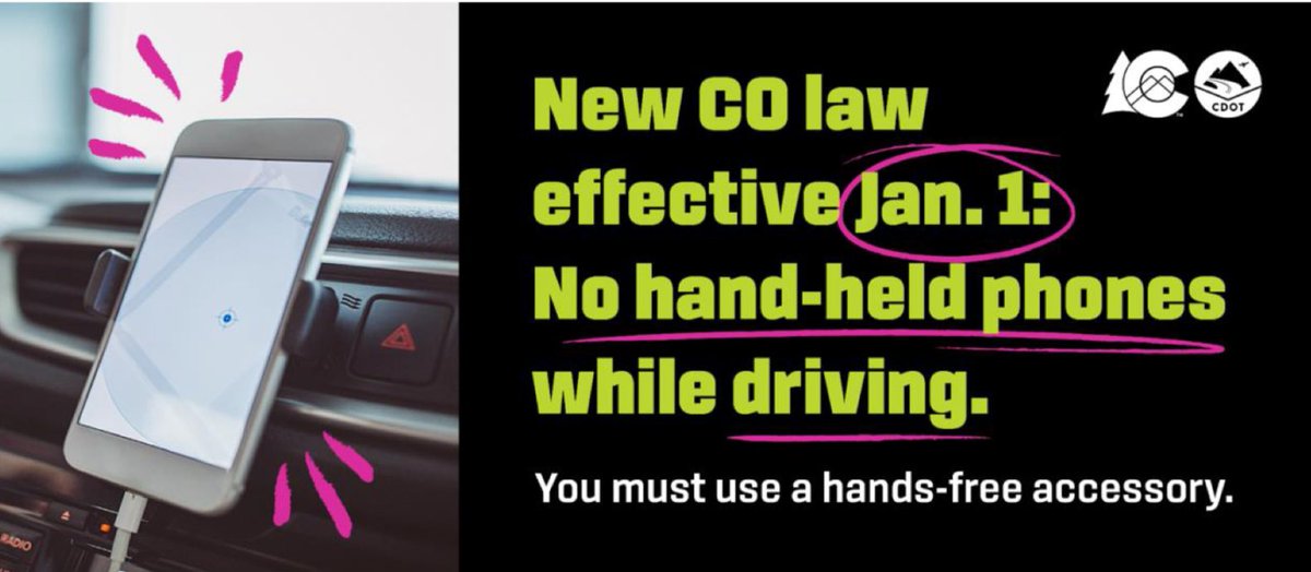 ThorntonPolice's tweet photo. Hands on the wheel, not your phone. Effective today, it is illegal in Colorado to use a mobile device while driving, unless you have a hands-free accessory. Learn
more at https://t.co/jbO8HWCJqf. #dropthedistraction https://t.co/0Nd2KGs7tx