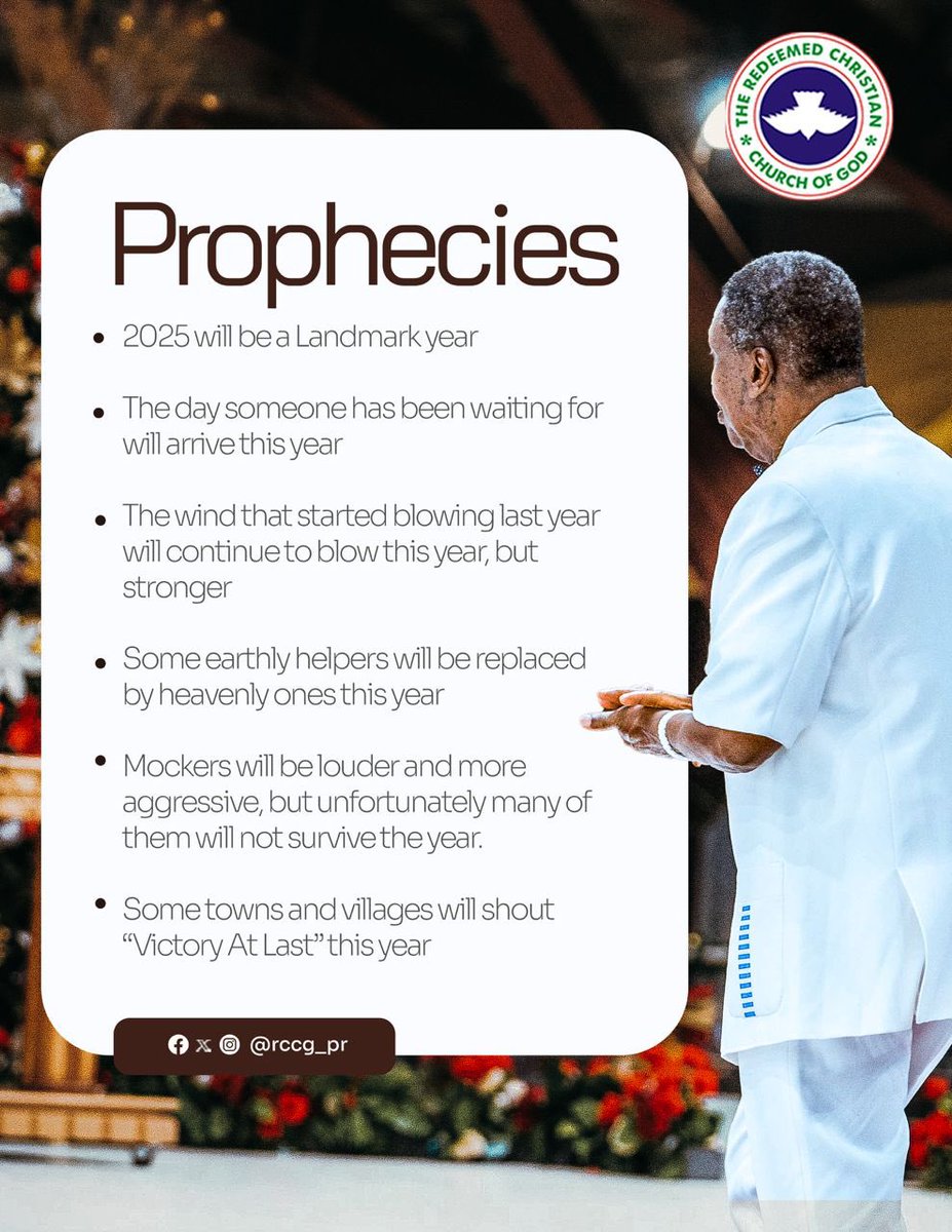 PROPHECIES FOR 2025

2025 will be a Landmark year.

The day someone has been waiting for will arrive this year.

The wind that started blowing last year will continue to blow this year, but stronger.

Some earthly helpers will be replaced by heavenly ones this year.

Mockers will