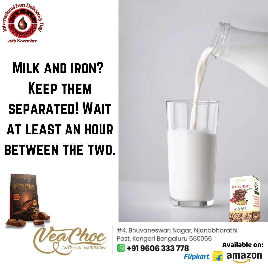 veachoc's tweet photo. 🥛❌🩸 Milk and Iron? Keep Them Separated!
Did you know consuming milk and iron-rich foods together can reduce your body’s ability to absorb iron? Make sure to keep at least an hour gap between the two for better iron absorption. https://t.co/OY3EzgDdAs