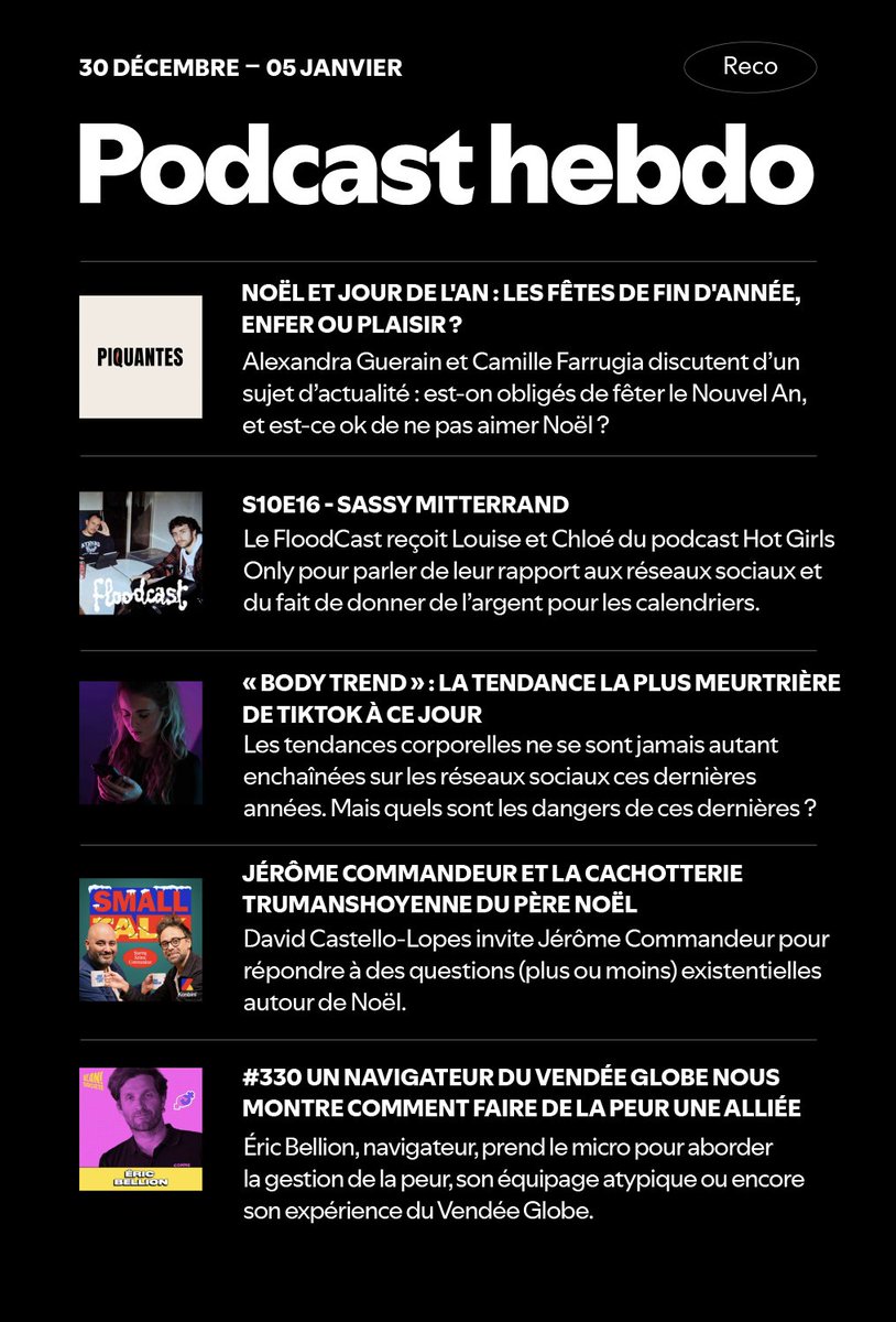 Spotify France (@spotifyfrance) on Twitter photo On écoute quoi cette semaine comme podcasts ?
🌶️ <a href="/holycamille/">Holycamille</a> x Alexandra Guerain
💅 <a href="/floodcastpod/">Floodcast</a> x Hot Girls Only
📲 Réveil Digital
🎅 <a href="/dCastelloLopes/">David Castello-Lopes</a> x <a href="/commandeur_j/">Jérôme Commandeur</a> x <a href="/KonbiniFr/">Konbini</a>
⛵️ <a href="/gregfromparis/">gregfromparis</a> x <a href="/vlan/">vlan</a> x <a href="/eric_bellion/">Éric Bellion | STAND AS ONE</a>
À retrouver sur Spotify ➡️ spoti.fi/403SJoq On écoute quoi cette semaine comme podcasts ?
🌶️ <a href="/holycamille/">Holycamille</a> x Alexandra Guerain
💅 <a href="/floodcastpod/">Floodcast</a> x Hot Girls Only
📲 Réveil Digital
🎅 <a href="/dCastelloLopes/">David Castello-Lopes</a> x <a href="/commandeur_j/">Jérôme Commandeur</a> x <a href="/KonbiniFr/">Konbini</a>
⛵️ <a href="/gregfromparis/">gregfromparis</a> x <a href="/vlan/">vlan</a> x <a href="/eric_bellion/">Éric Bellion | STAND AS ONE</a>
À retrouver sur Spotify ➡️ spoti.fi/403SJoq