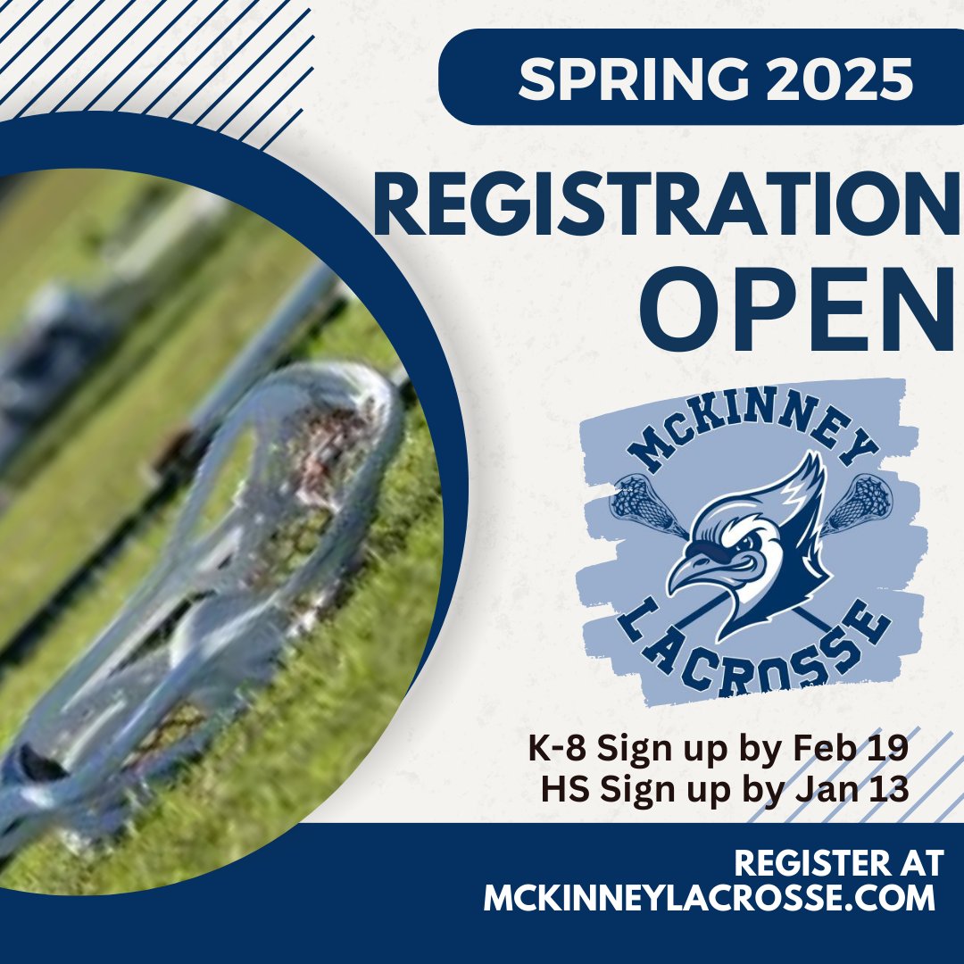 Don't miss out on the "fastest game on two feet" this spring!!  Registration is open for all age groups K-12.  mckinneylacrosse.com/registration/