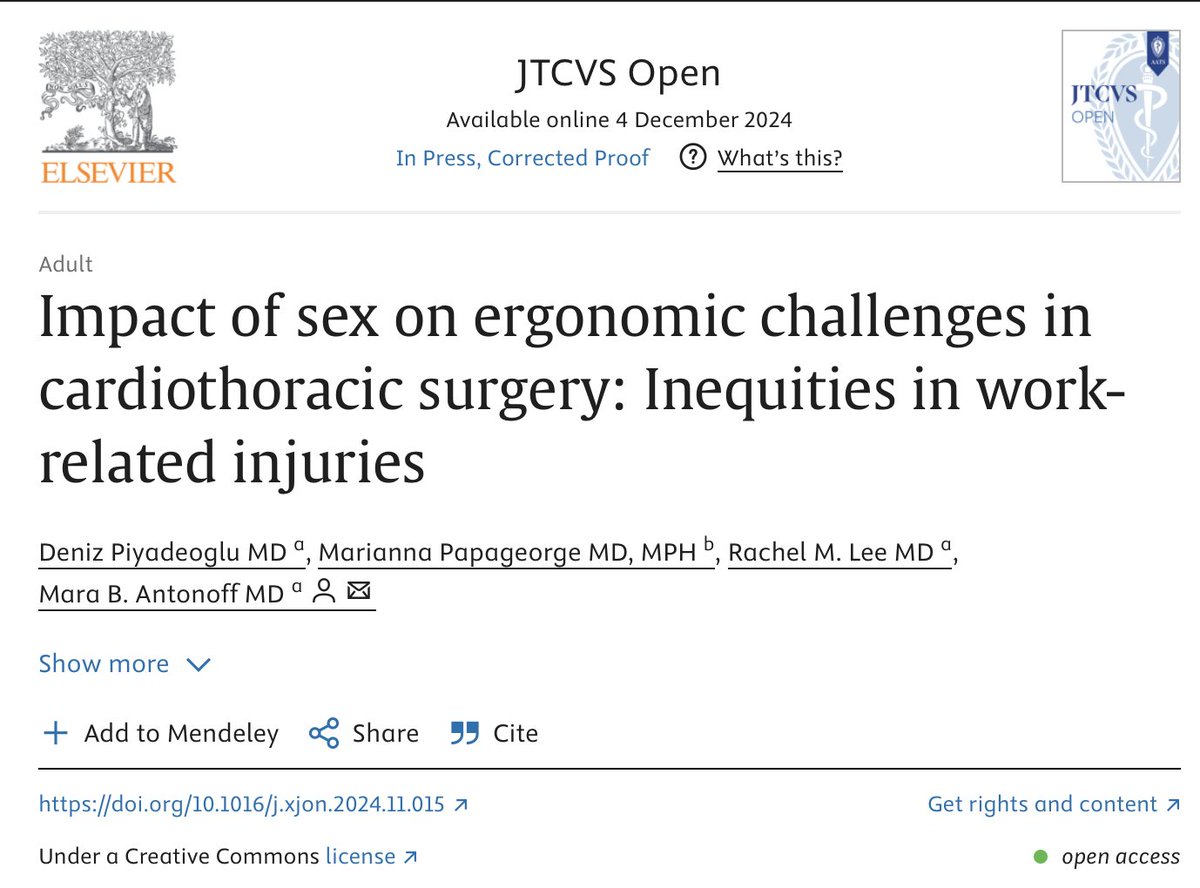 Excited to share our newest publication with <a href="/maraantonoff/">Mara Antonoff, MD, FACS</a>: "Impact of sex on ergonomic challenges in cardiothoracic surgery: Inequities in work-related injuries".  Thank you for your guidance! 🎉
Read it here: sciencedirect.com/science/articl…
#MedTwitter <a href="/WomenInThoracic/">WomenInThoracicSurg</a>