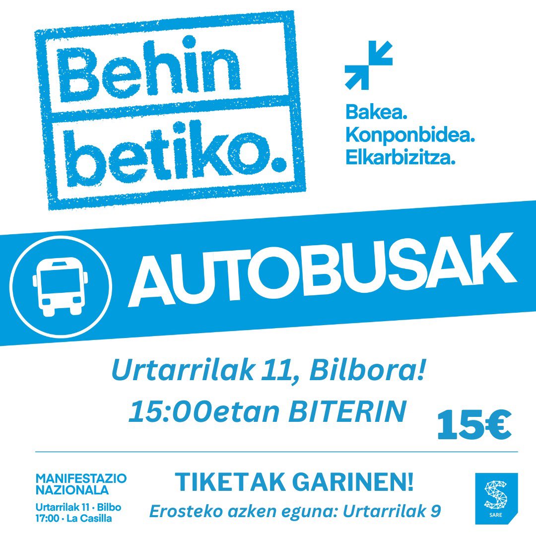 🔊 Datorren urtarrilaren 11n Bilboko kaleak betetzeko deia egiten diogu euskal gizarteari. 

🚍 Hernanitik autobusak antolatu ditugu. Hortaz, autobusez joateko asmorik izanez gero, erosi zure txartela.
