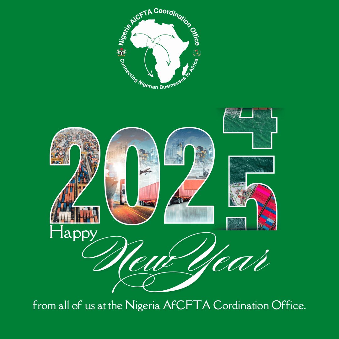 As we step into 2025, we at the <a href="/AfCFTANG/">Nigeria AfCFTA Coordination Office</a> renew our commitment to fostering trade integration, economic growth, and shared prosperity for Nigeria and Africa under the AfCFTA framework. 

Here’s to a productive and transformative 2025!

Happy New Year!

#AfCFTAforNigeria #AfCFTA
