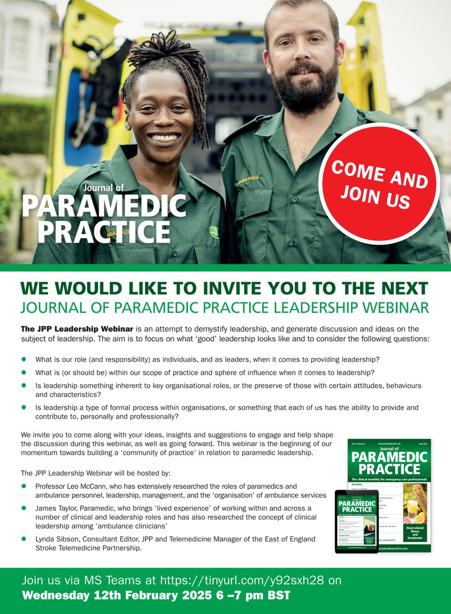 Leo McCann (@leomc76) on Twitter photo Need to up your leadership game in 2025? Please come along to the 2nd JoPP leadership webinar. Ambulance, NHS, and beyond - all welcome! Feb 12th, 6-7pm GMT <a href="/Para_Practice/">Paramedic Practice</a> <a href="/ParamedicsUK/">College of Paramedics</a> Need to up your leadership game in 2025? Please come along to the 2nd JoPP leadership webinar. Ambulance, NHS, and beyond - all welcome! Feb 12th, 6-7pm GMT <a href="/Para_Practice/">Paramedic Practice</a> <a href="/ParamedicsUK/">College of Paramedics</a>