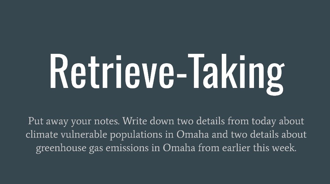 SoLInTheWild's tweet image. I’m excited to incorporate more “retrieve-taking” when we return from winter break. I love how efficiently it makes layering spaced practice and interleaving into the retrieval process during a lesson. #ScienceOfLearning #PracticeRemembering #PowerfulTeaching