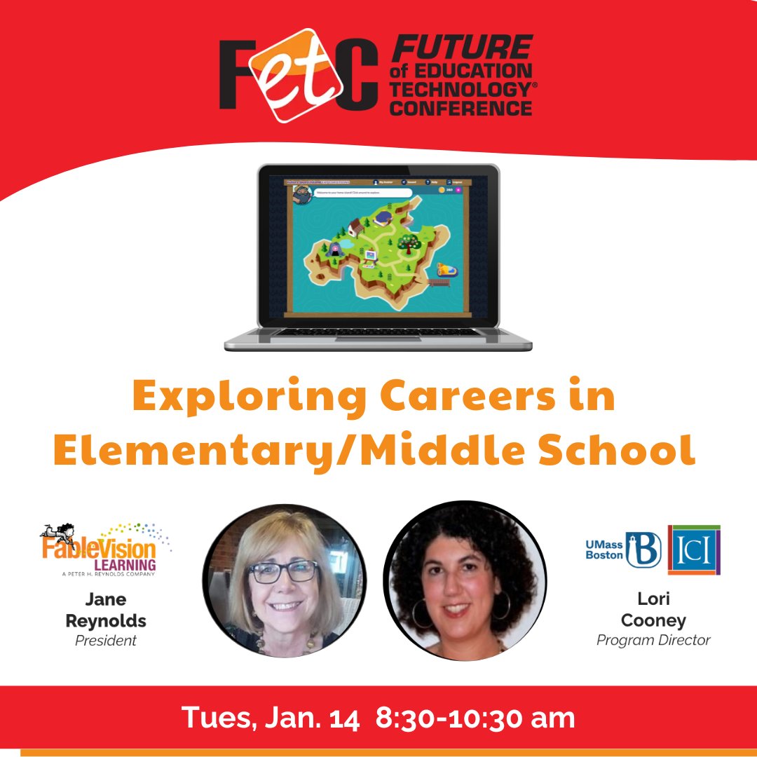 FableLearn's tweet image. 🚀 Join us at FETC on Jan 14th for our workshop dedicated to inspiring young learners to discover their paths &amp;amp; careers. 🌟 Discover Future Quest Island and middle school CTE. Save 10% with Promo Code FETC25SPEAKER at bit.ly/3DCzsl0
#FETC20
