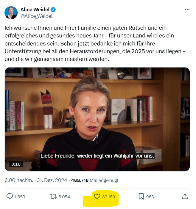 Ich möchte mal auf etwas hinweisen und es ist mir sehr wichtig, weshalb ich dankbar wäre, wenn es alle bis zum Ende lesen würden.  🙏

Team Habeck ist über 100.000 Follower stark. Sich wechselseitig folgen tuen davon geschätzt 2.000. 

Wenn er etwas zum neuen Jahr schreibt, dann