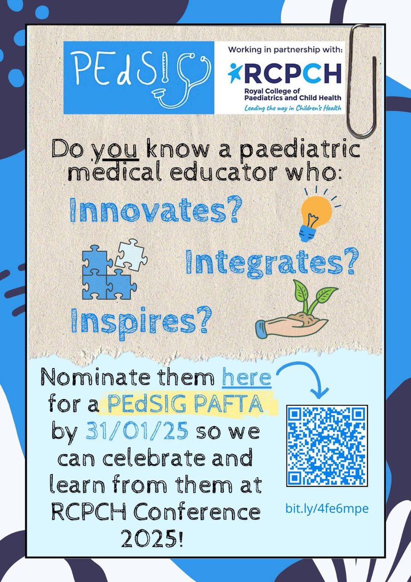 Announcing… the PEdSIG PAFTAs! Do you know a paediatric medical educator who innovates, integrates or inspires? Nominate them for a PEdSIG PAFTA by 31/01/25 for the chance to celebrate them at RCPCH Conference! bit.ly/4fe6mpe