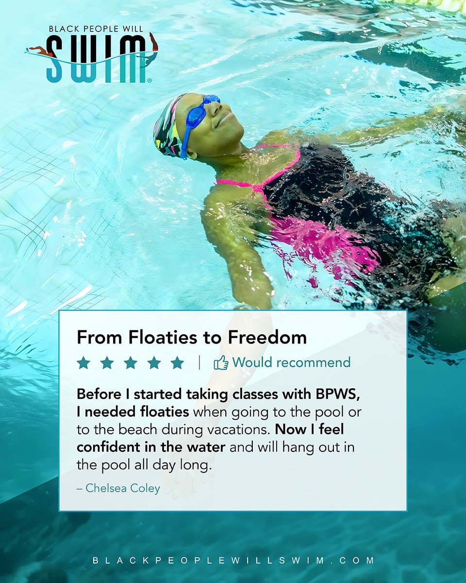 BPWSwim's tweet photo. 2025 is all about freedom! Learn how Chelsea decided to come to BPWS and conquer her fears. This can be you. Subscribe to our newsletter by Making The Promise that you'll learn how to swim! 🌊🏊🏽♀️ #BPWS https://t.co/acIkIMxfZL