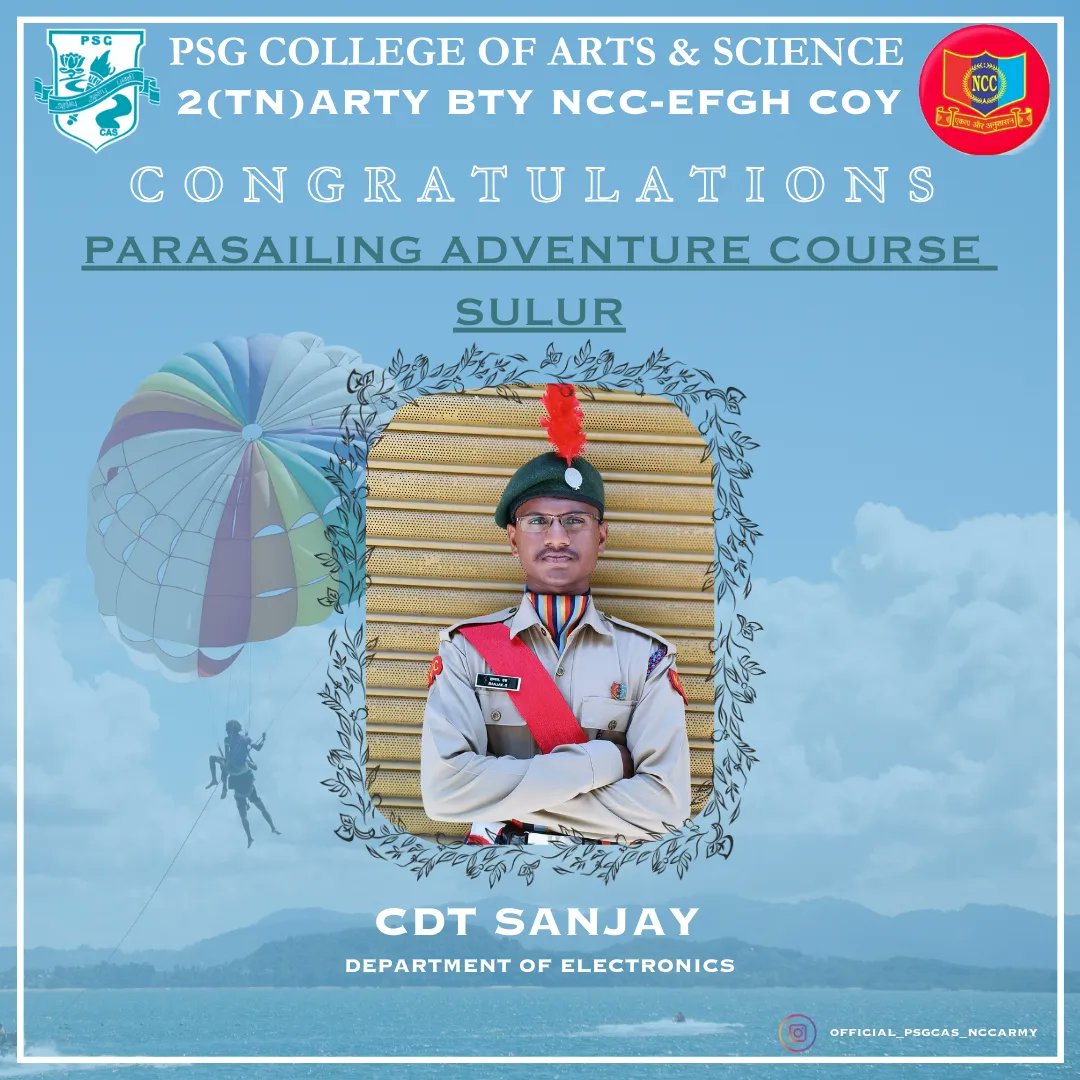 PsgcasO's tweet photo. Congratulations!

The Four cadets of 2(TN) ARTY BTY NCC- EFGH COY participated in an exhilarating parasailing adventure course at Sulur Air Force Station. https://t.co/WYpPrFzmQZ