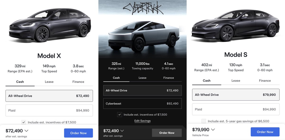 niccruzpatane's tweet image. Cybertruck AWD - $72,490 (w/ Tax Credit) 
Model X AWD - $72,490 (w/ Tax Credit)
Model S AWD - $79,990 (Free Supercharging)

Which one? 

(You can also save an additional $2,000 on all by using a referral link)