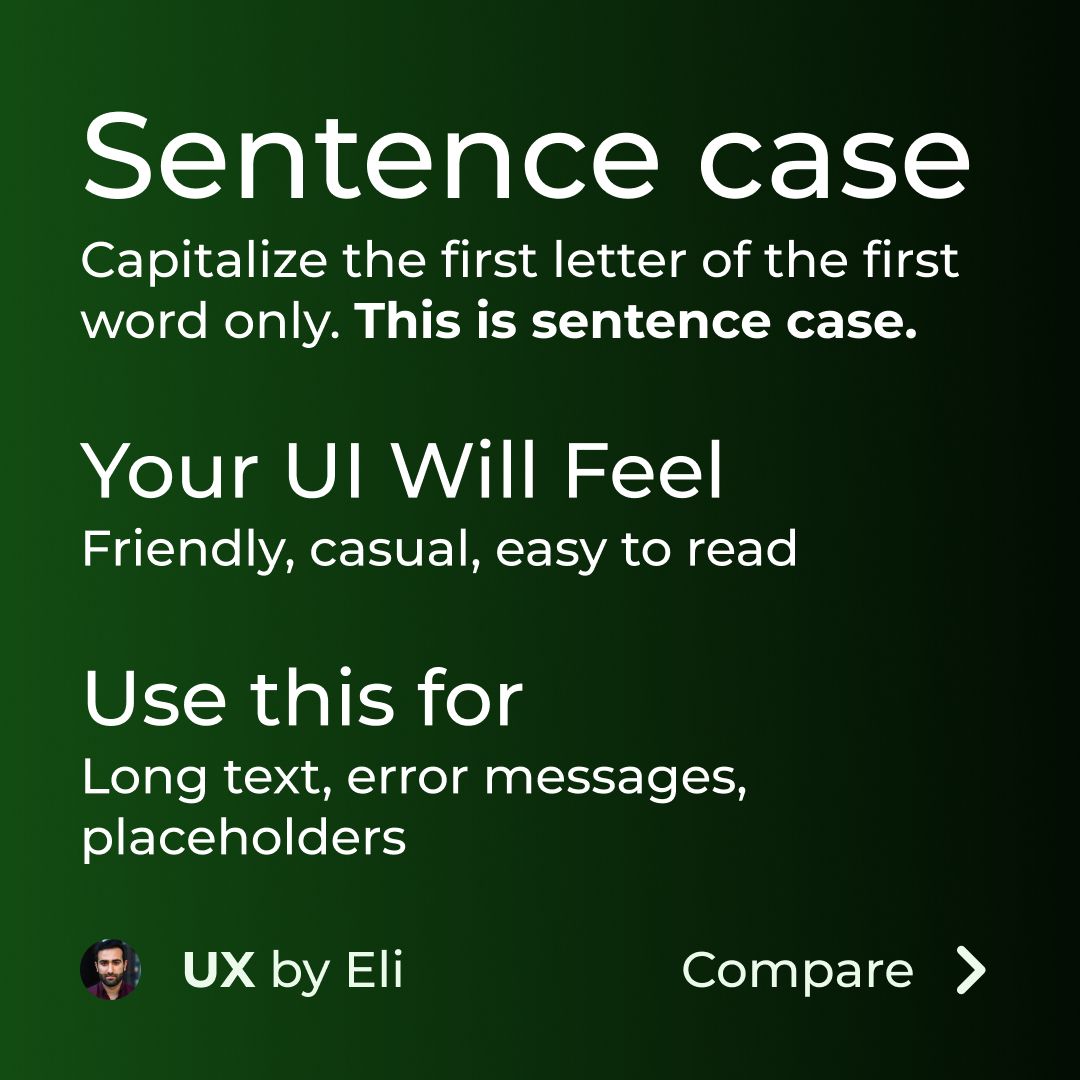 Title case or sentence case? Both can make or break your UI’s clarity.

Title case feels professional
Sentence case feels friendly and modern
Consistency is key. Learn when to use each and why it matters.
#UXDesign #UITips #DesignConsistency #ProductDesign