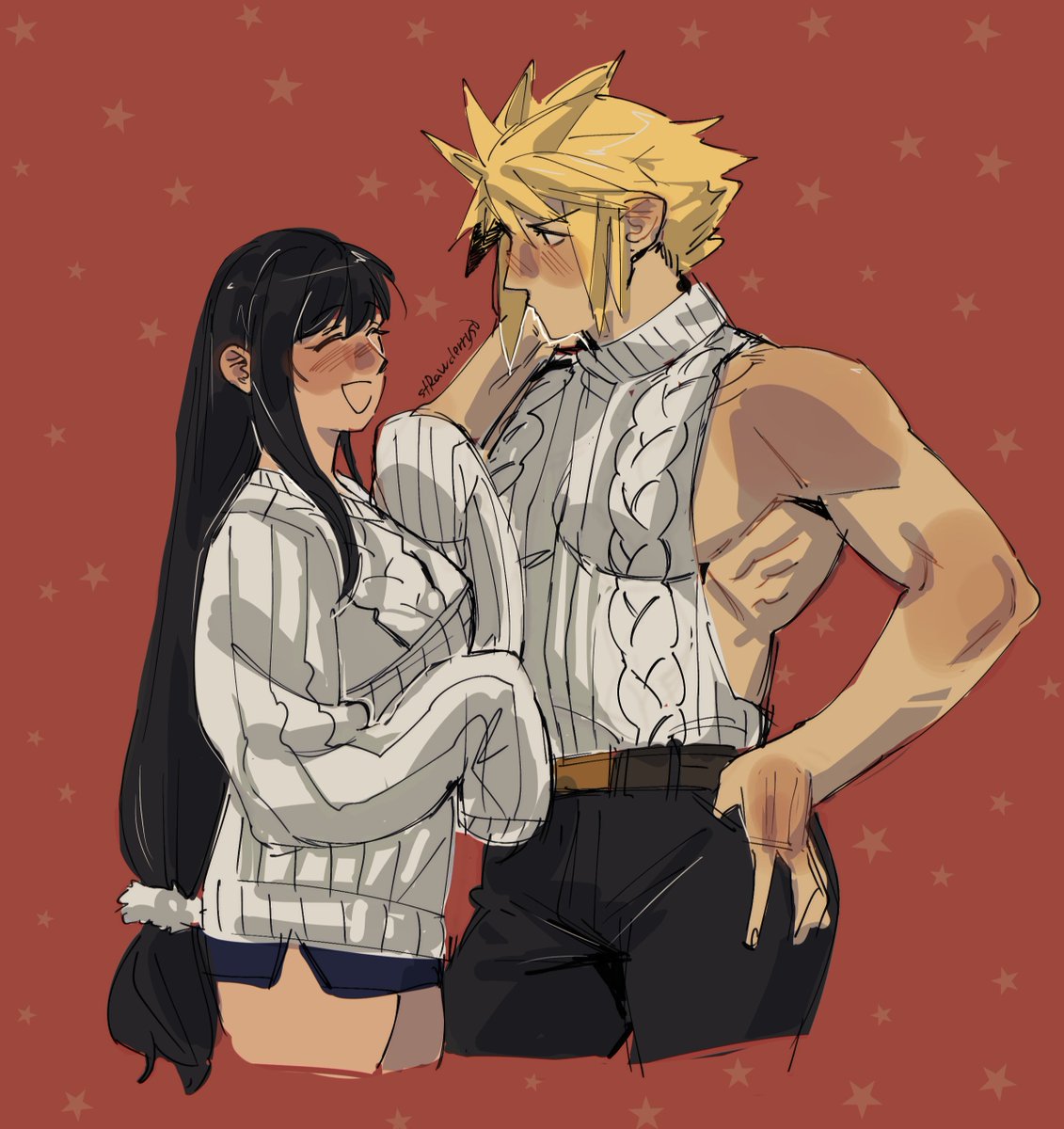 クラウド・ストライフ ,ティファ・ロックハート 「Matching Sweaters...? 」|strawderryst | COMMS OPEN | available slots 1/5のイラスト