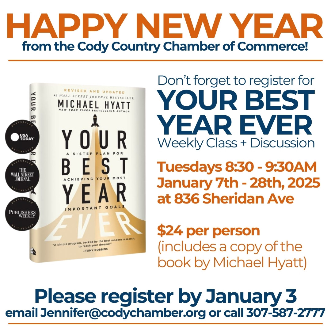 CodyChamber's tweet image. 🎉 Happy New Year from the Chamber! Our offices are closed today and will reopen on Thursday. Now's your time to send an email and register for "Your Best Year Ever"!
.
.
.
#NewYear #ChamberStrong