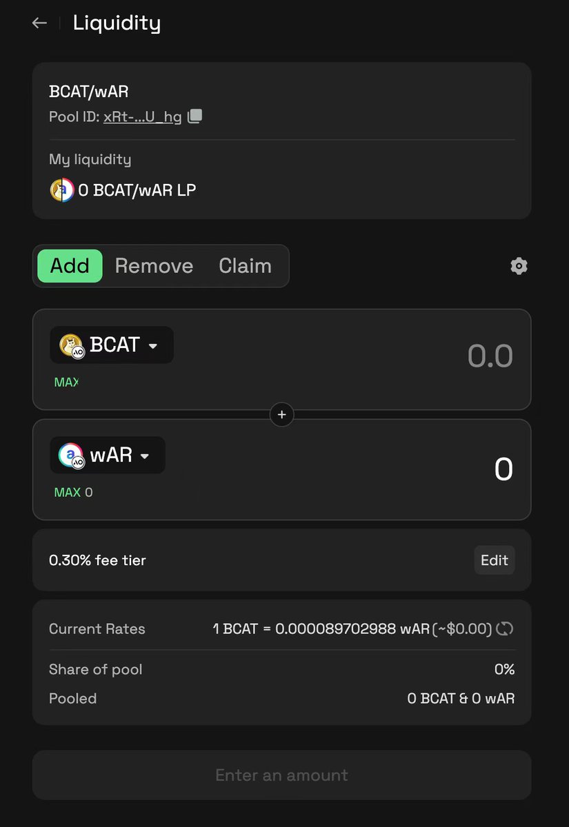 RUI (@musthodlrui) on Twitter photo BENCAT NEW YEAR LP Reward Celebration!
The event kicks off in 21 hours on <a href="/Permaswap/">Permaswap | AO</a>, where 5,000,000 $BCAT will be rewarded to liquidity providers! The giveaway runs for 120 hours (5 days) with an APY (Annual Percentage Yield) of over 1300%!
Stake your $BCAT + $wAR now to BENCAT NEW YEAR LP Reward Celebration!
The event kicks off in 21 hours on <a href="/Permaswap/">Permaswap | AO</a>, where 5,000,000 $BCAT will be rewarded to liquidity providers! The giveaway runs for 120 hours (5 days) with an APY (Annual Percentage Yield) of over 1300%!
Stake your $BCAT + $wAR now to