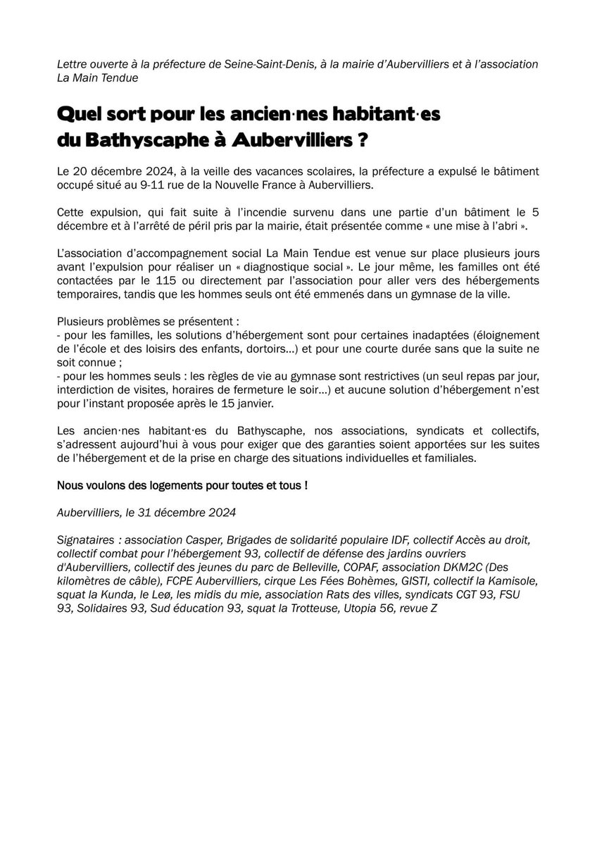 📝 Quel sort pour les ancien⋅nes habitant⋅es du Bathyscaphe à Aubervilliers ? Lettre ouverte à la préfecture de Seine-Saint-Denis, à la mairie d’Aubervilliers et à l’association La Main Tendue.