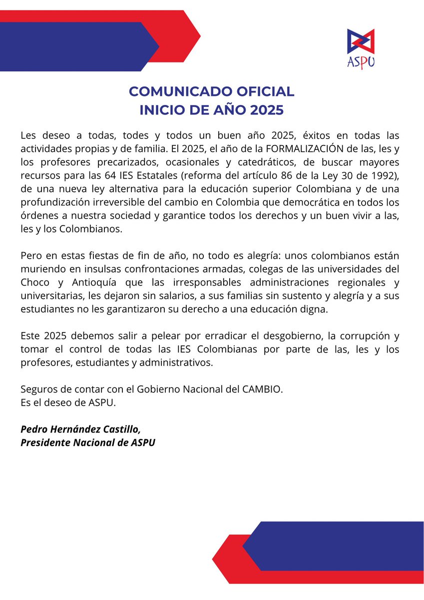 Les deseamos un buen año 2025…

Pero en estas fiestas de fin de año, no todo es alegría: unos colombianos están muriendo en insulsas confrontaciones armadas, colegas de las universidades del Choco y Antioquía que las irresponsables administraciones regionales y universitarias.