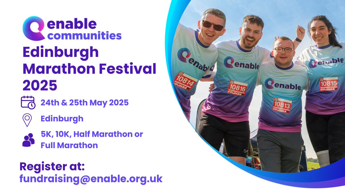 💜Is 2025 the year you challenge yourself? Will you join #TeamEnable at the Edinburgh Marathon Festival on 24th and 25th May? You can take on a 5K, 10K, Half Marathon or Full Marathon.

Enable will pay your registration &amp; send you a running top to wear on the day if you fundraise
