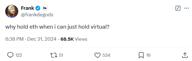 VIRTUAL hit a new ATH at $4.1bn mcap today

Mid curve is busy discussing the current state of <a href="/virtuals_io/">Virtuals Protocol</a> 

Agent functionalities, tooling integrations, framework features, etc.

Unsurprisingly, they miss out on the big picture

VIRTUAL is the economic layer of the Agentic