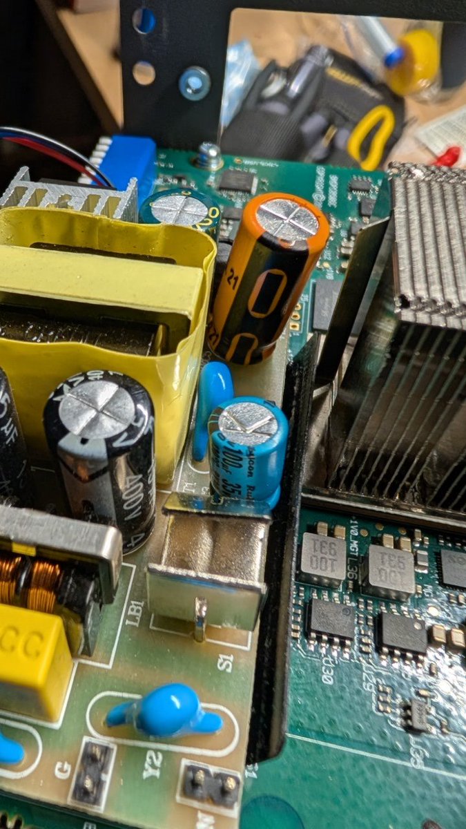 MediaGuy4's tweet image. Back behind the iron this morning, replace two caps on the power supply of this Blackmagic Web Presenter. Up and running again! #success #electronicsrepair