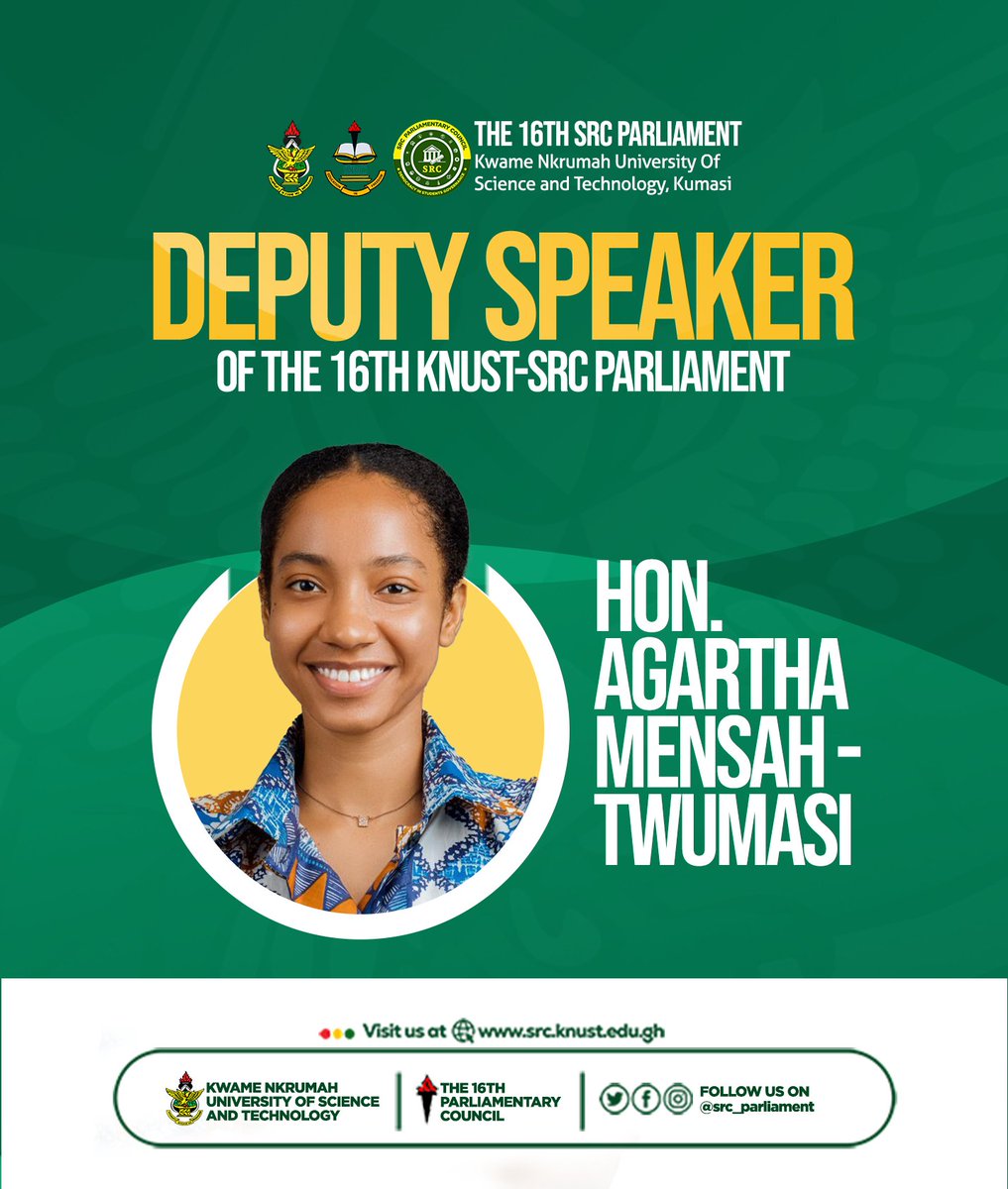 src_parliament's tweet photo. Dear KNUST, 
We present to you, the very Deputy Speaker for the 16th KNUST SRC PARLIAMENTARY COUNCIL.

HON. AGARTHA MENSAH TWUMASI 🎉🎉🎉 https://t.co/M31DpMRSXX
