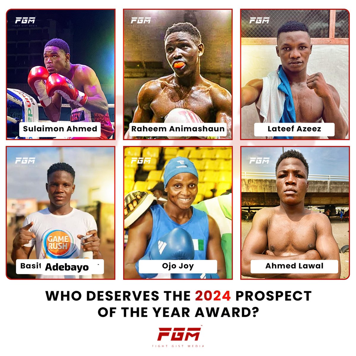 Fightgistmedia's tweet photo. Who do you think deserves "Prospect of the Year" 2024 Award among these Nigerian young fighters?
.
#fightgistmedia #NIGERIABOXING #AfricaBoxing #worldboxing #boxingnews #ProspectoftheYear #bestboxer https://t.co/2DTMd56ODu