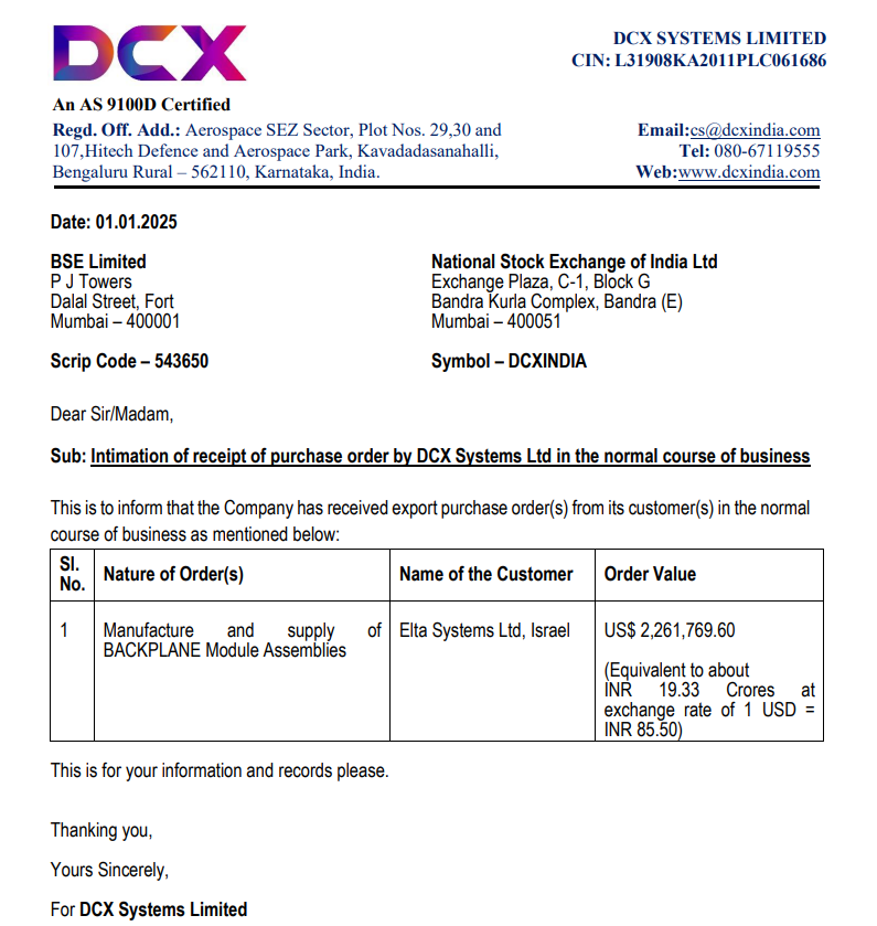 aoiventures's tweet image. DCX Systems Secures ₹19.33 Crore Export Order

🔹DCX Systems Ltd has received an export order from Elta Systems Ltd, Israel, for the manufacture and supply of Backplane Module Assemblies.

🔹The order value stands at $2.26 million (~₹19.33 crore).

#DCX #DCXSystems #ExportOrder…