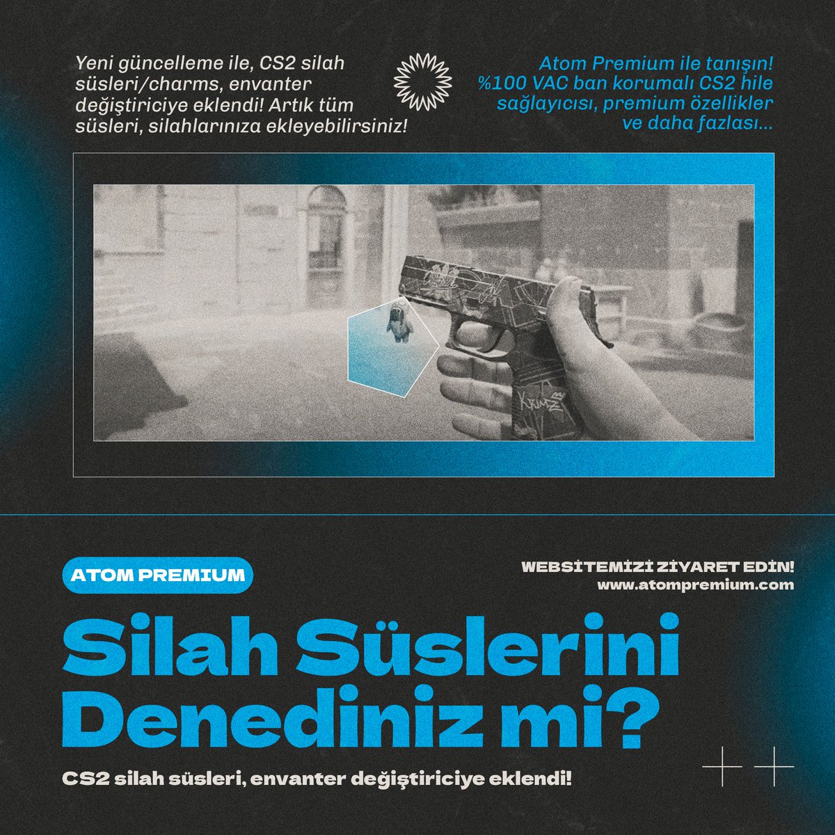 Atom Premium yazılımı, Counter-Strike 2 oyuncularına yenilikler sunuyor. Envanter değiştirici ile silahlarınızı kişiselleştirin ve "Anahtarlık" süsleriyle tarzınızı yansıtın. Silah süsleri ile oyun deneyiminizi zevkinize göre ayarlayın.

#cs2hile #cs2 #counterstrike2