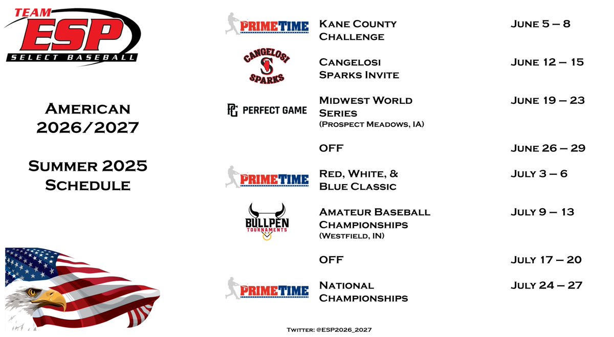 New year, new summer schedule for the <a href="/ESP2026_2027/">ESP American 2026/2027</a> guys.  As we enter an important summer for 17U players, reach out w/ any questions.  Roster &amp; player intros coming this spring.  #ESPTrained <a href="/steinbach_alex/">Stein</a>