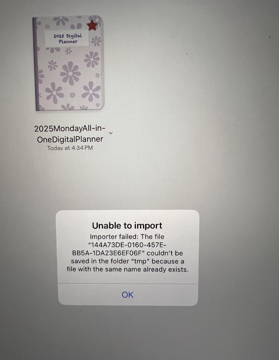 NomadicNeen's tweet photo. Trying to import a file into Goodnotes on my iPad and keep getting this message. Anyone have any tips or know what to do? The file isn’t in my Goodnotes so I don’t know what’s going on or if I’m misunderstanding the error message https://t.co/N52f9Nr5kO