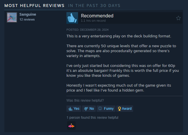 STokatyan's tweet photo. A goal for Tower Knight was to get 10 reviews by the end of 2024.  It didn't reach that goal, but this latest review goes a long way for me.  Thanks Sanguine -- whoever you are.

Tower Knight is still on sale for the next 24 hours: https://t.co/2HlnajSEYz https://t.co/2tYid5B0Lo