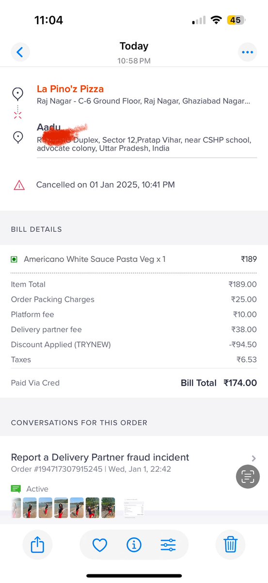 akhilesh_dxt's tweet photo. @Swiggy @SwiggyCares 
Order was booked and address was Pratap Vihar Ghaziabad however the delivery agent went to Kavi nagar which is 7-8 km from pratap Vihar. Rather than delivering the order Swiggy cancelled this and charged 170 rs for their mistake. Customer care checked same https://t.co/EDycutCtxO