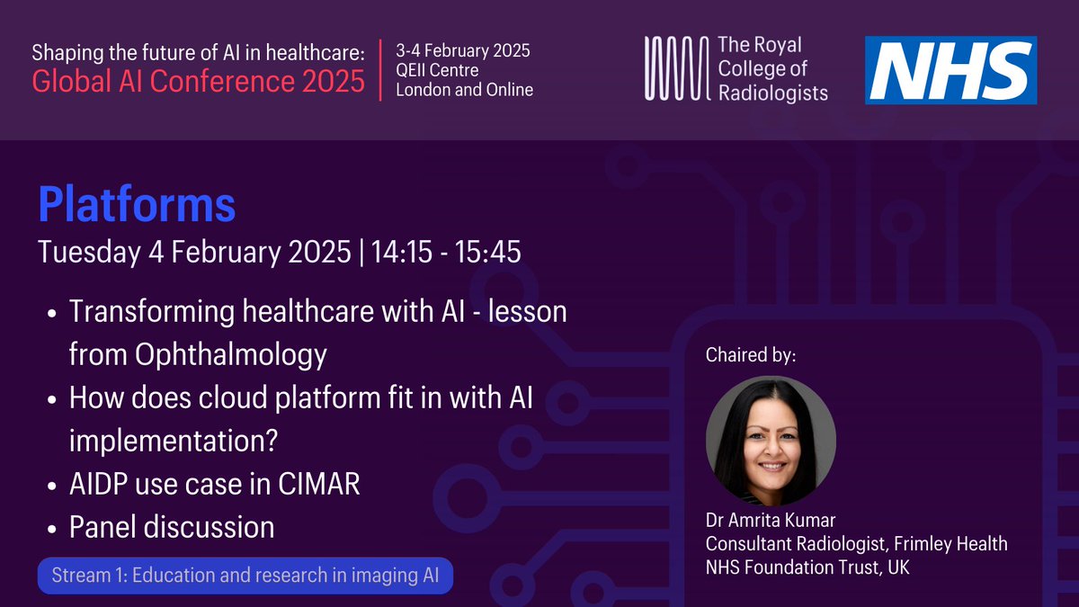 Chaired by <a href="/DrAmritaKumar/">Amrita Kumar</a>, this session at #RCRGlobalAI will explore the essential platforms and tools driving AI innovation in healthcare.

Book by 19 January to save! tinyurl.com/3sd752vh