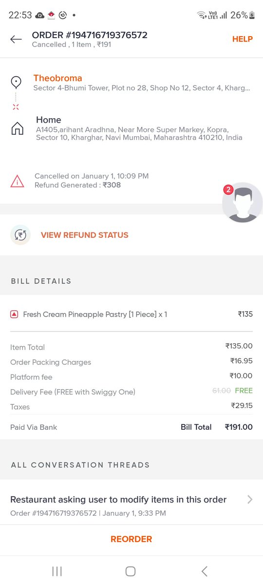 manishkr81's tweet photo. @SwiggyCares I ordered 4 pastries.. item was out of stock ..they asked me should I change the item ? Delivery guy came with 1 quantity and asking me to take it..I have not taken as I need 4 quantity. U charged 192 for not accepting the order which I have not asked. https://t.co/DORel3DsKn